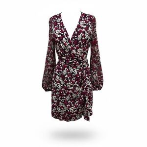 Diane Von Furstenberg Burgundy & White Floral Wrap Dress/ Size 6/ Sheer sleeves